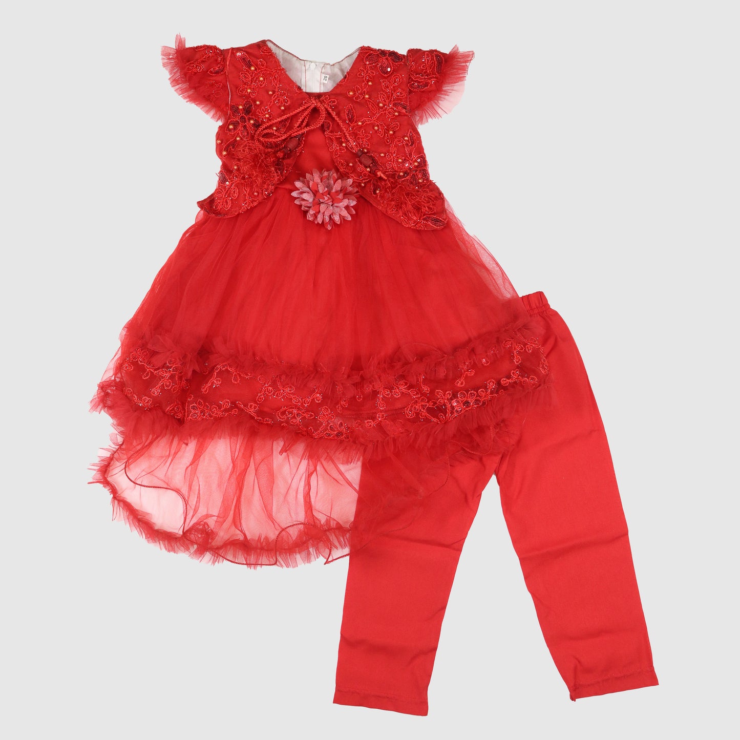 Girls' Embroidered Net Frock and Trouser Set