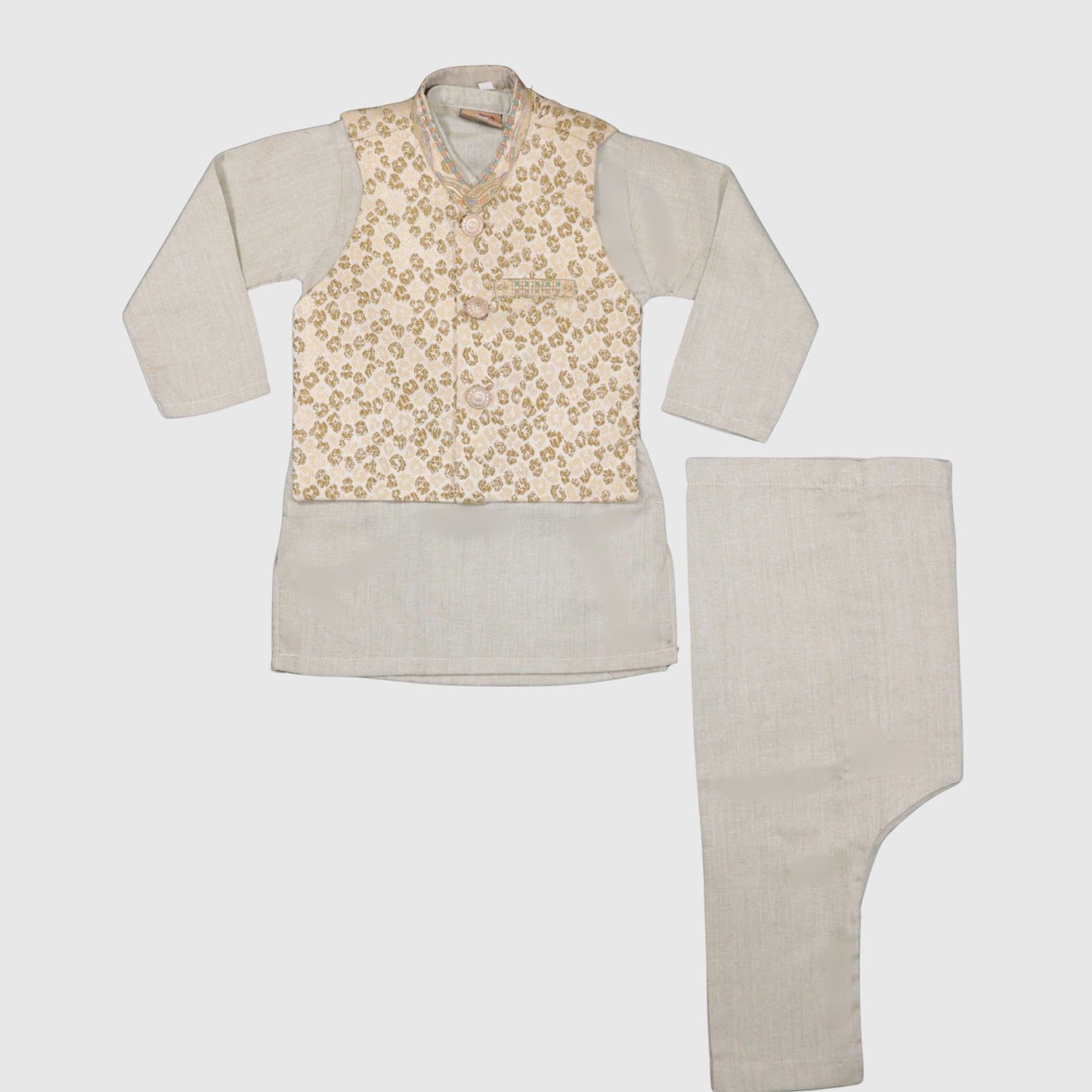 Cream Kurta Pajama with Golden Pattern Waistcoat – Kids