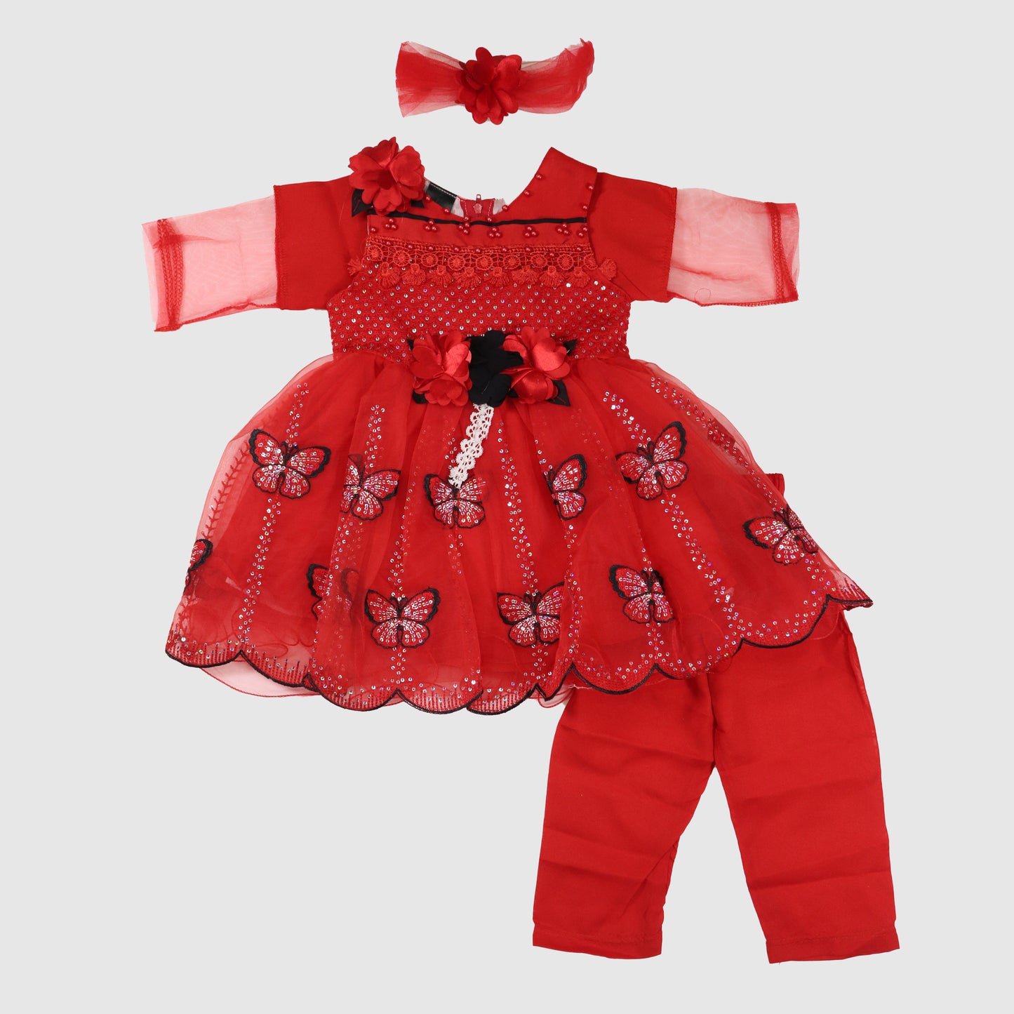 Girls’ Red Butterfly Sequin Frock with Matching Accessories