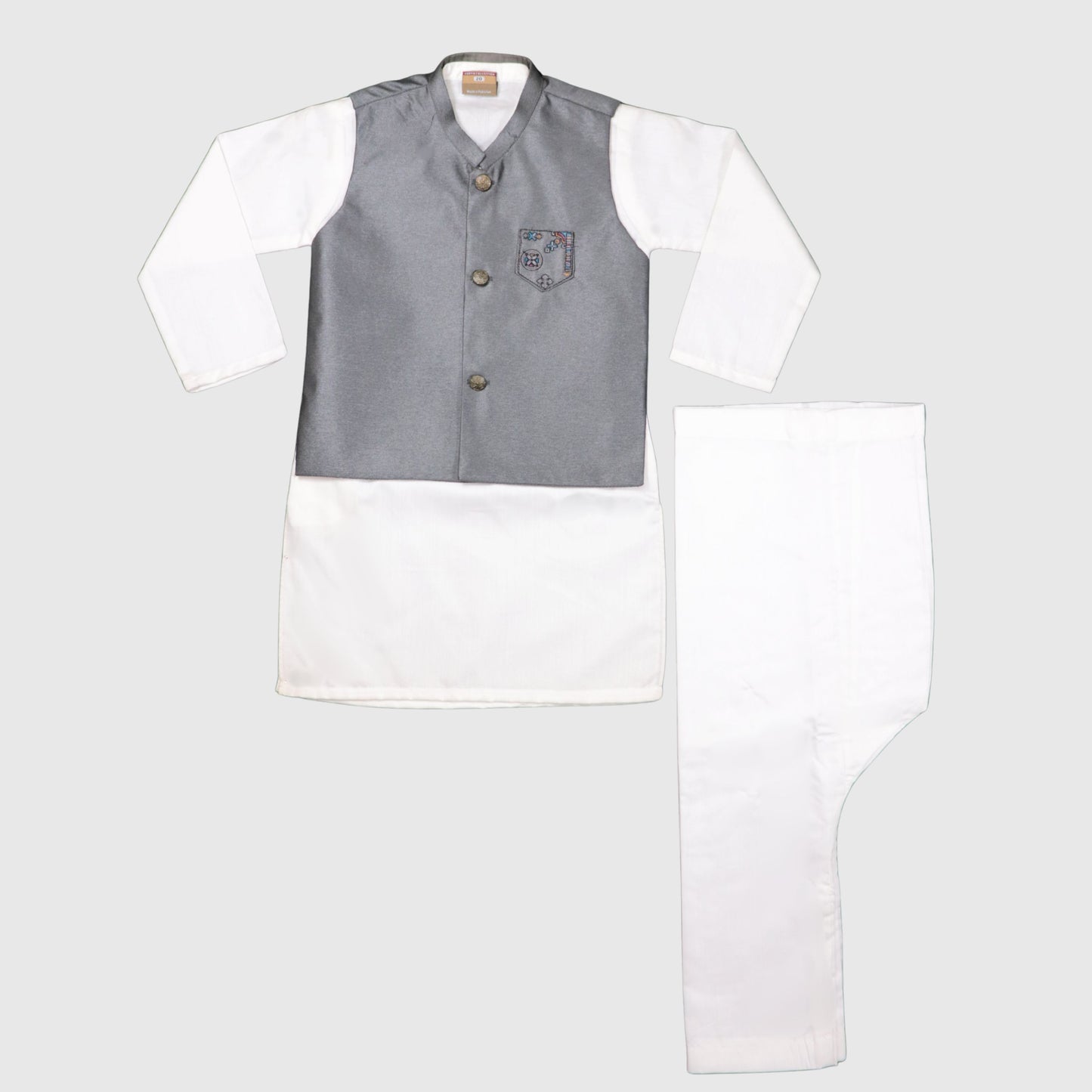 White Kurta Pajama with Grey Waistcoat – Kids