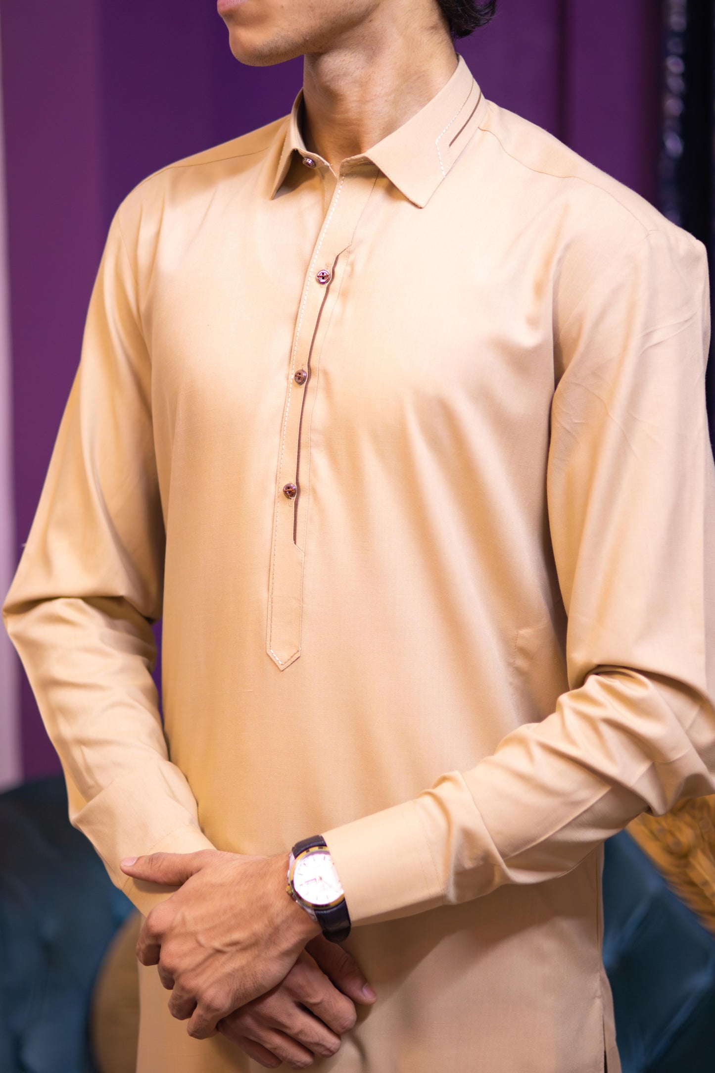 Beige Wash & Wear Semi-Formal Kamez Shalwar