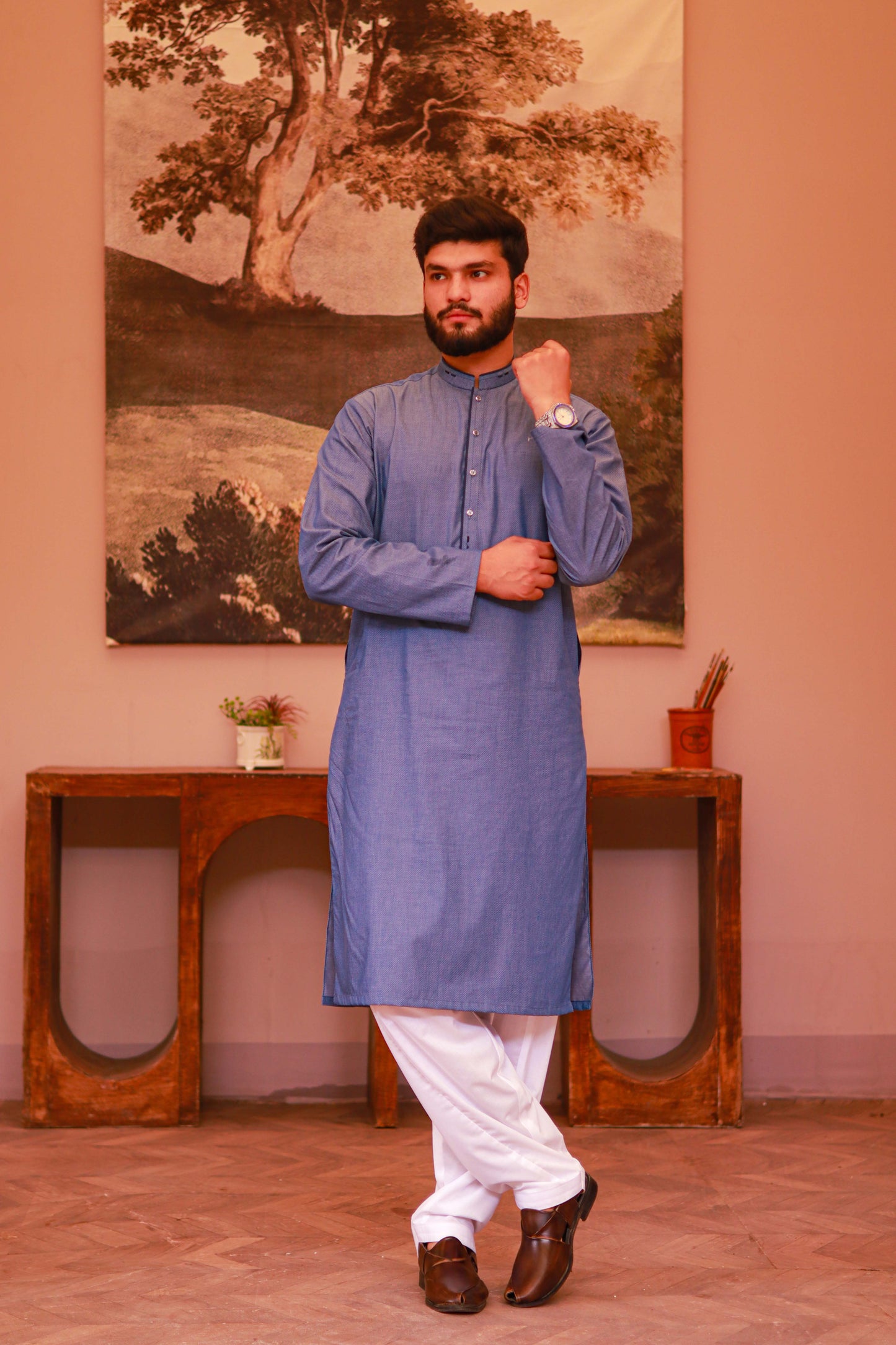 Denim Blue Shemra Cotton Casual Kurta