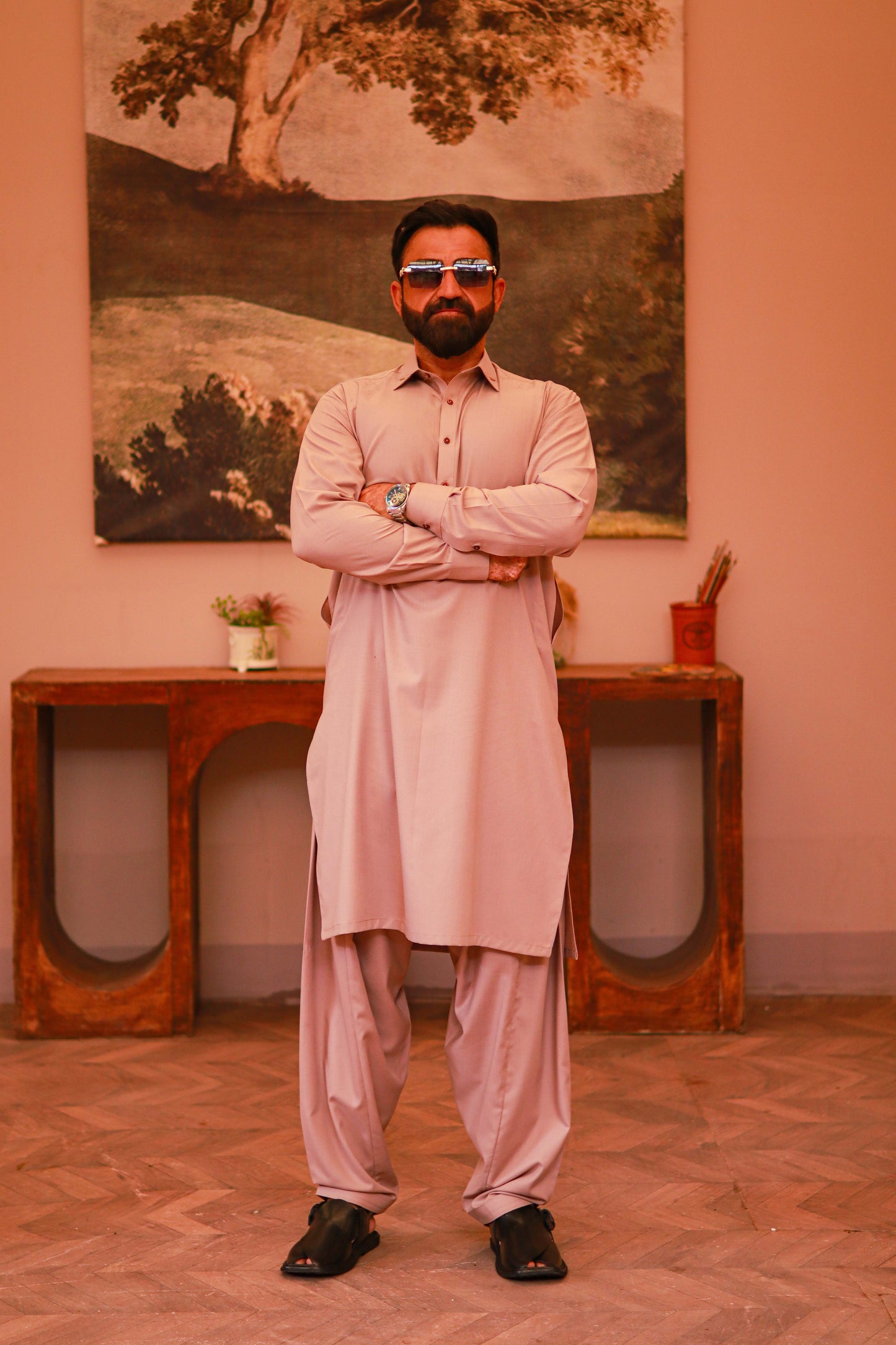 Light Tan Wash & Wear Semi-Formal Kameez Shalwar
