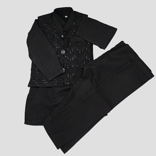 Boys Traditional Pakistani Kurta Set Black with waistcoat