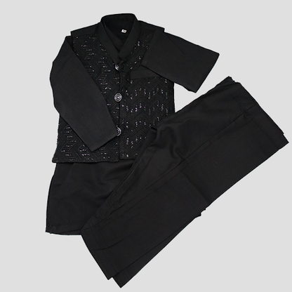 Boys Traditional Pakistani Kurta Set Black with waistcoat