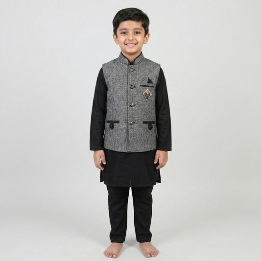 Black Kurta Pajama with Waistcoat – Kids