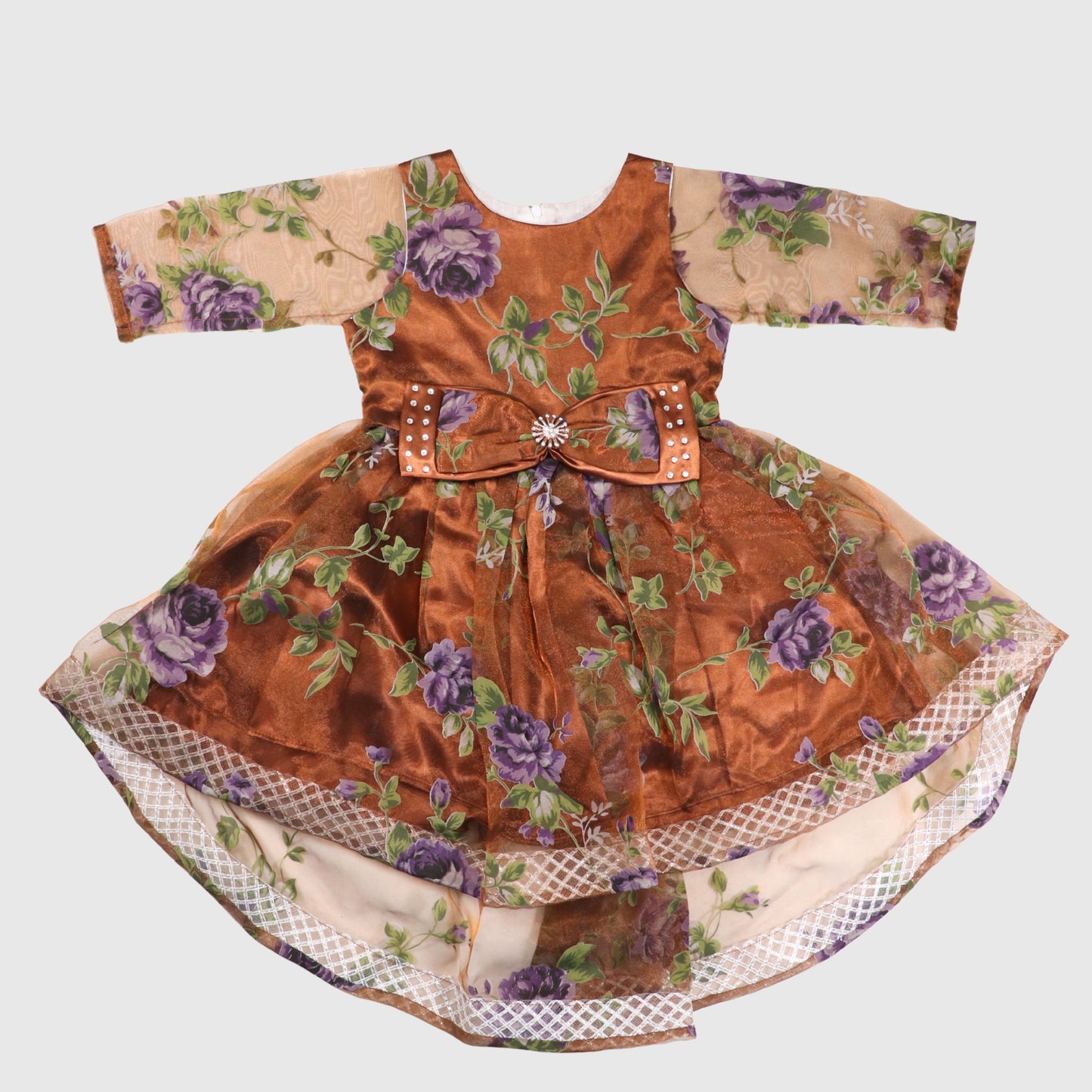 Elegant Brown & Purple Floral Frock