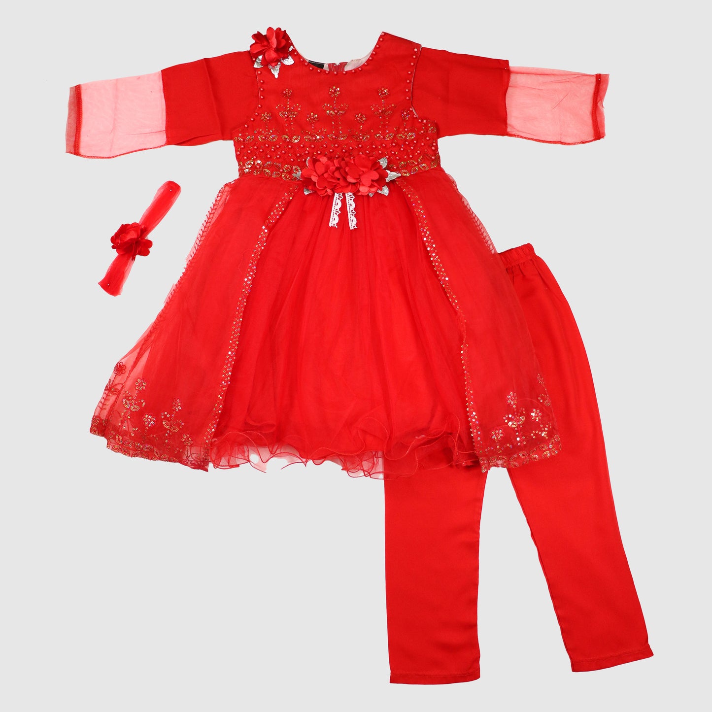 Sparkle Frock Set (Red & Peach)