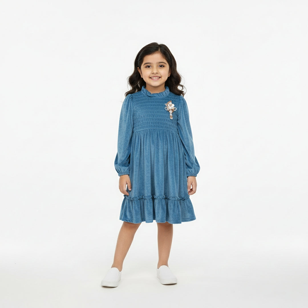 Blue Pleated Party Frock for Girls