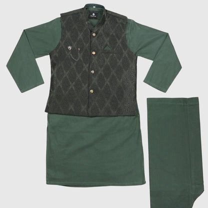 Green Kurta Pajama with Waistcoat – Kids