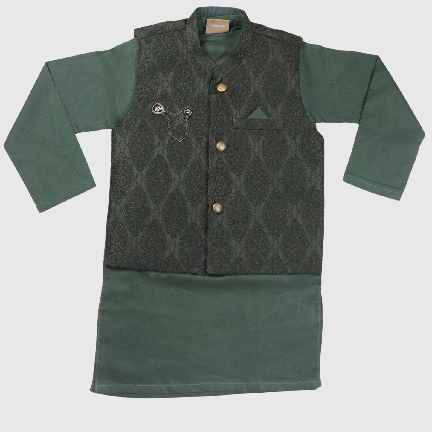 Dark Green Kurta Pajama with Waistcoat – Kids