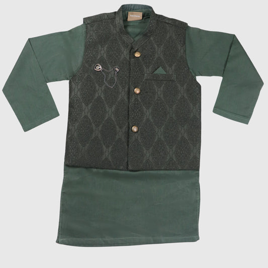 Dark Green Kurta Pajama with Waistcoat – Kids