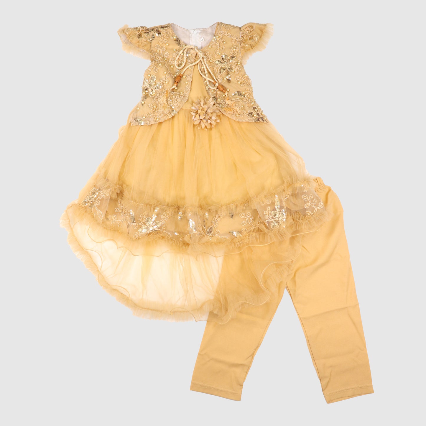 Girls' Embroidered Net Frock and Trouser Set