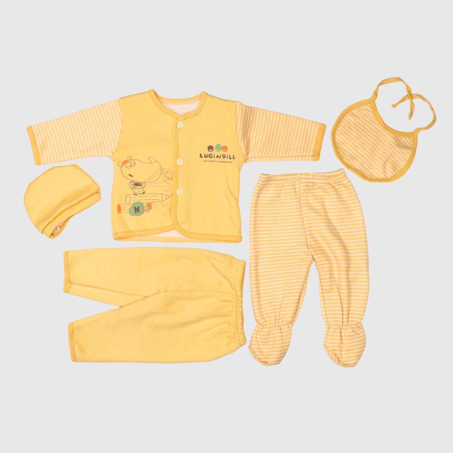 5-Piece Baby Cotton Suit Set – Yellow Striped Design