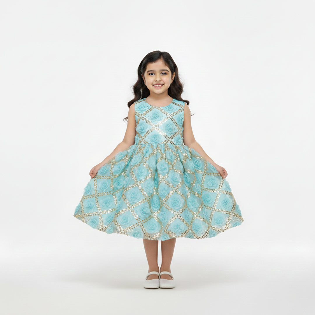 The Ice Blue Sequin Bloom Frock Set