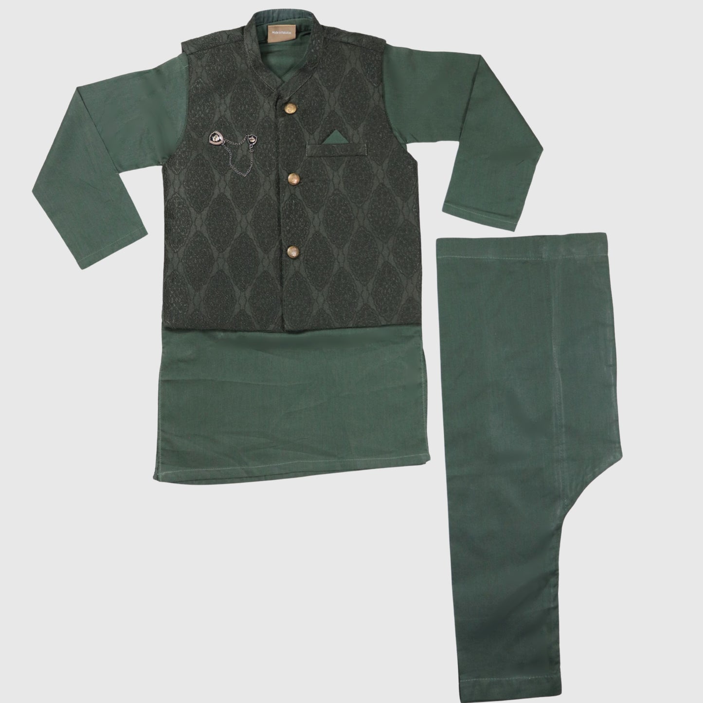 Dark Green Kurta Pajama with Waistcoat – Kids