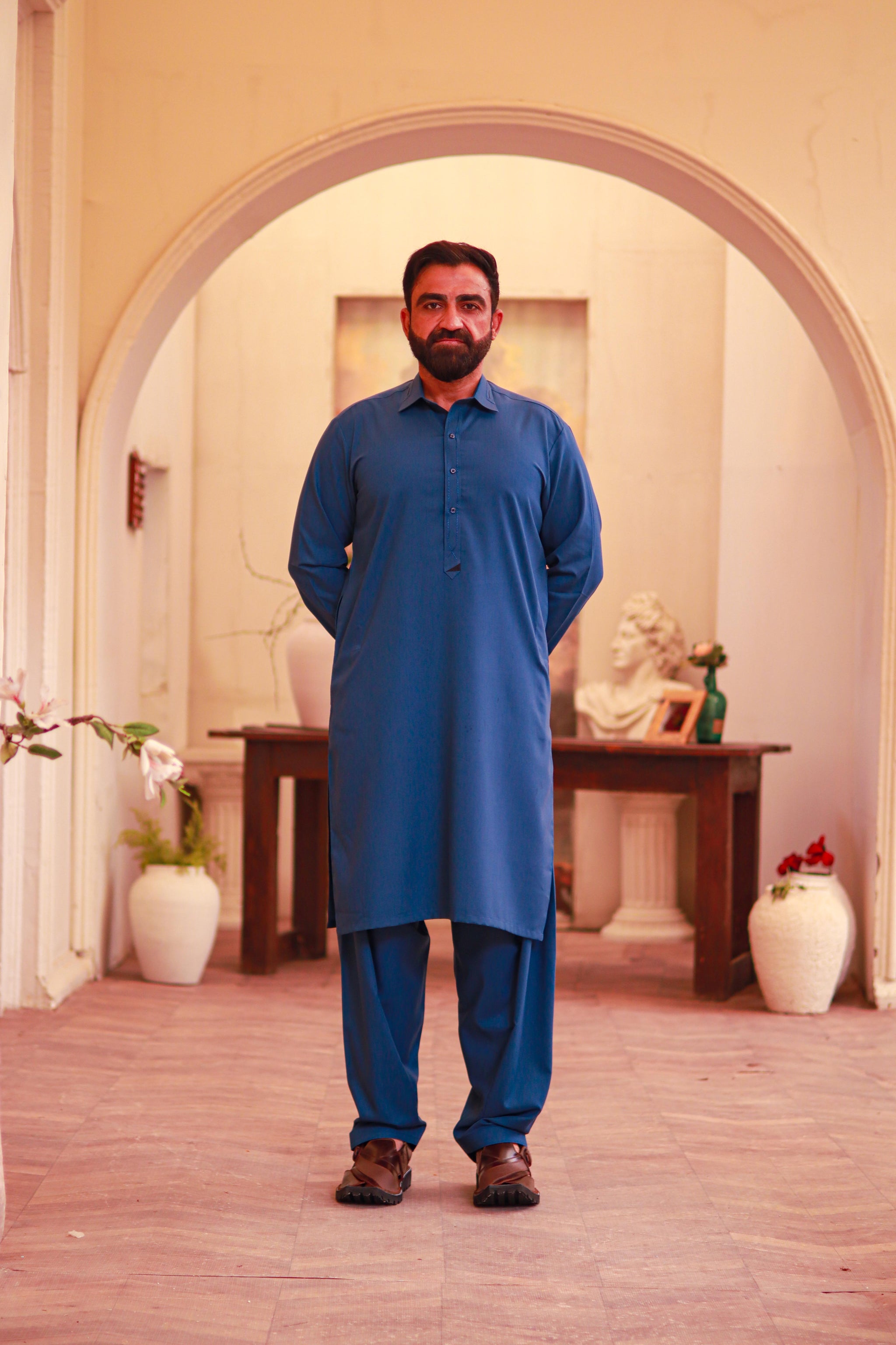Dark Blue Wash & Wear Semi-Formal Kameez Shalwar