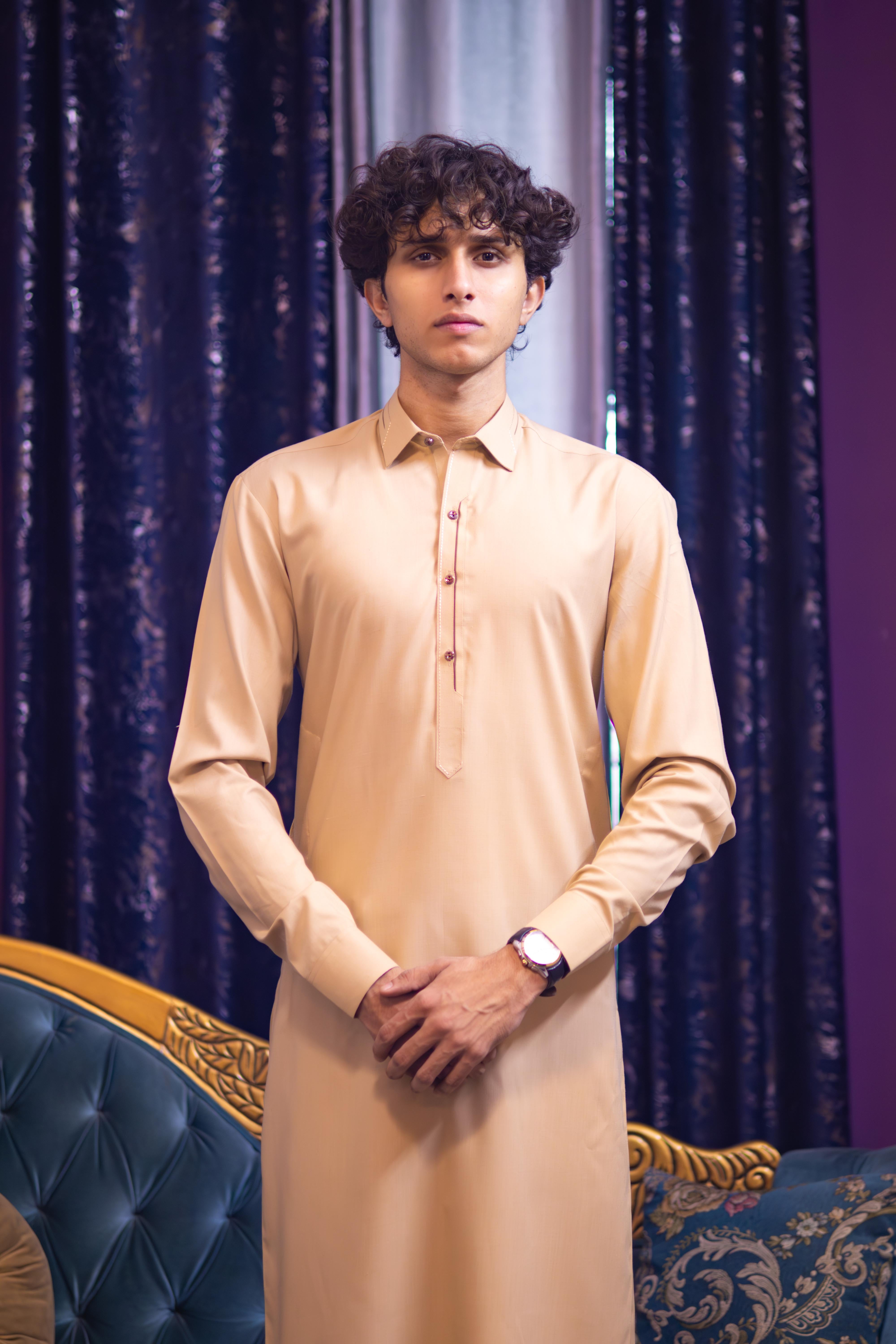 Beige Wash & Wear Semi-Formal Kamez Shalwar
