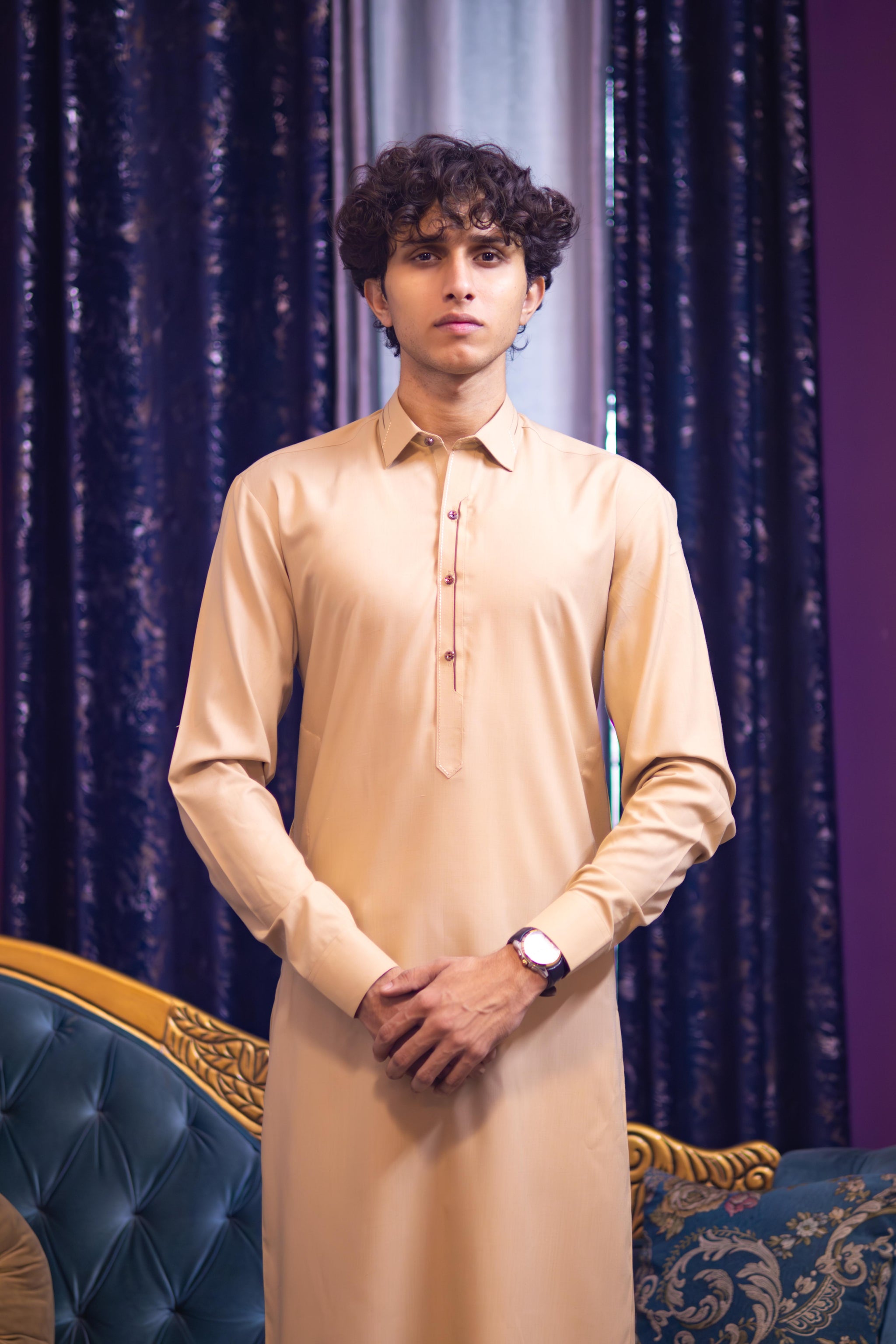 Beige Wash & Wear Semi-Formal Kamez Shalwar