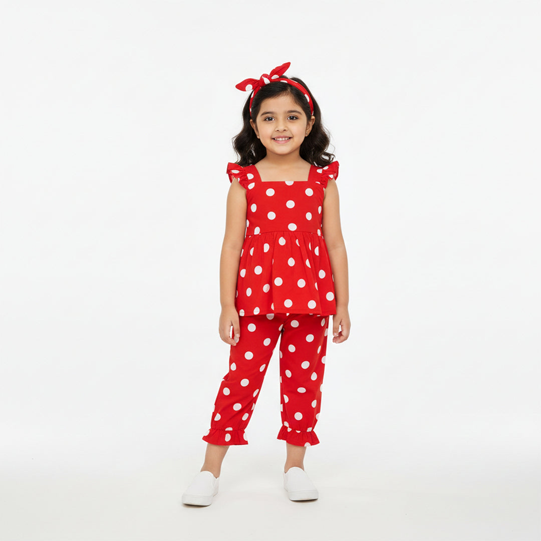Cherry Red Dotty Ruffle Top
