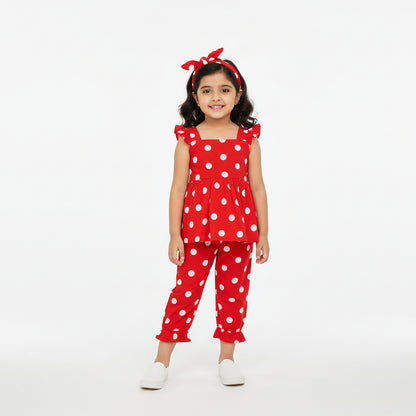 Cherry Red Dotty Ruffle Top