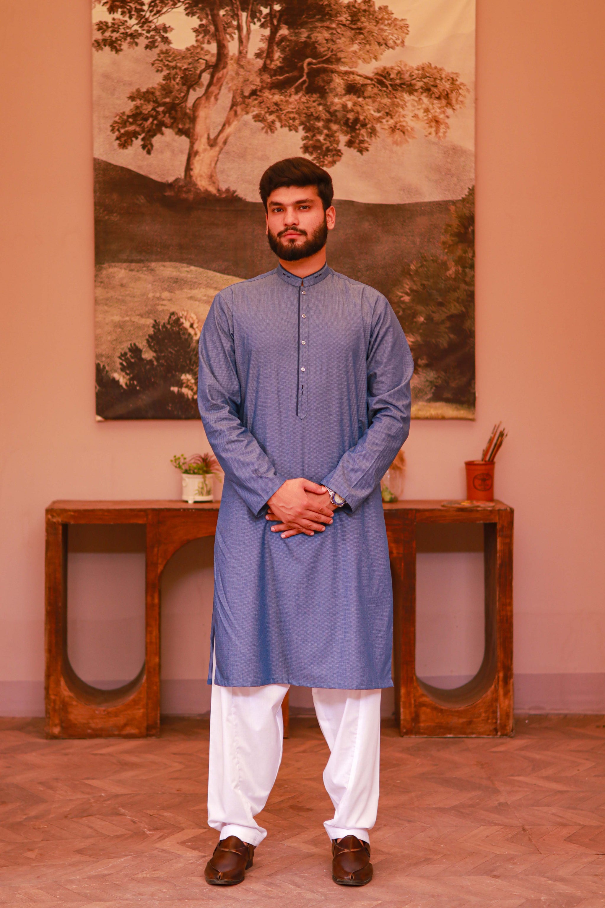 Denim Blue Shemra Cotton Casual Kurta
