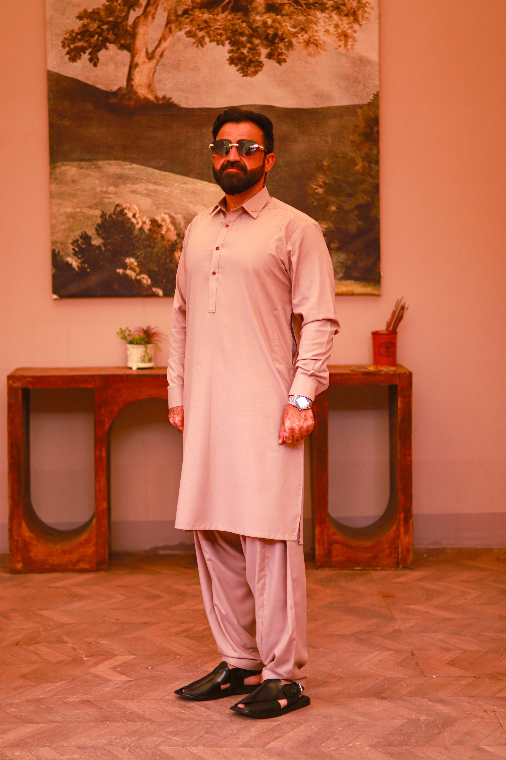 Light Tan Wash & Wear Semi-Formal Kameez Shalwar
