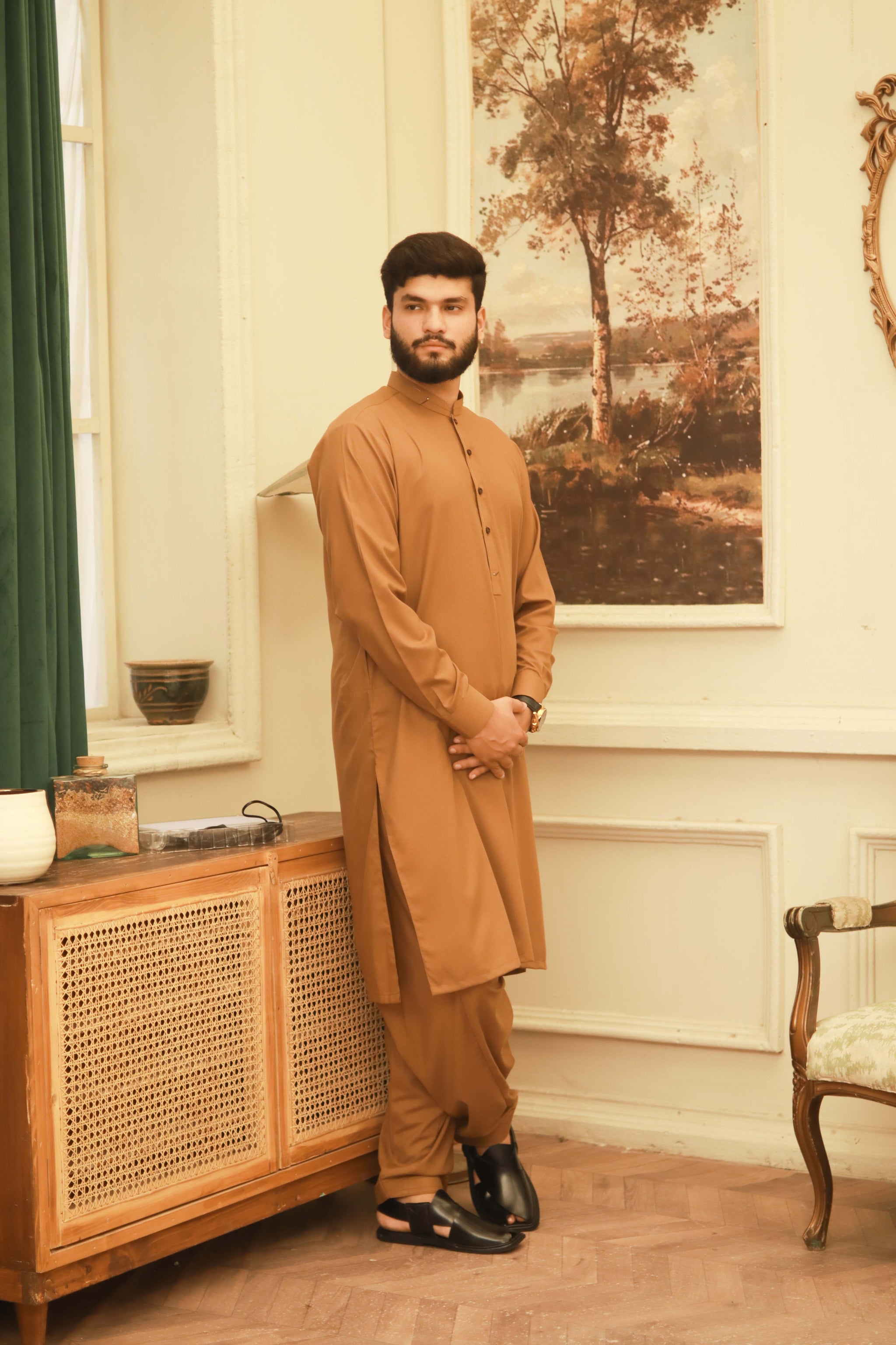 Medium Brown Wash & Wear Semi-Formal Kameez Shalwar