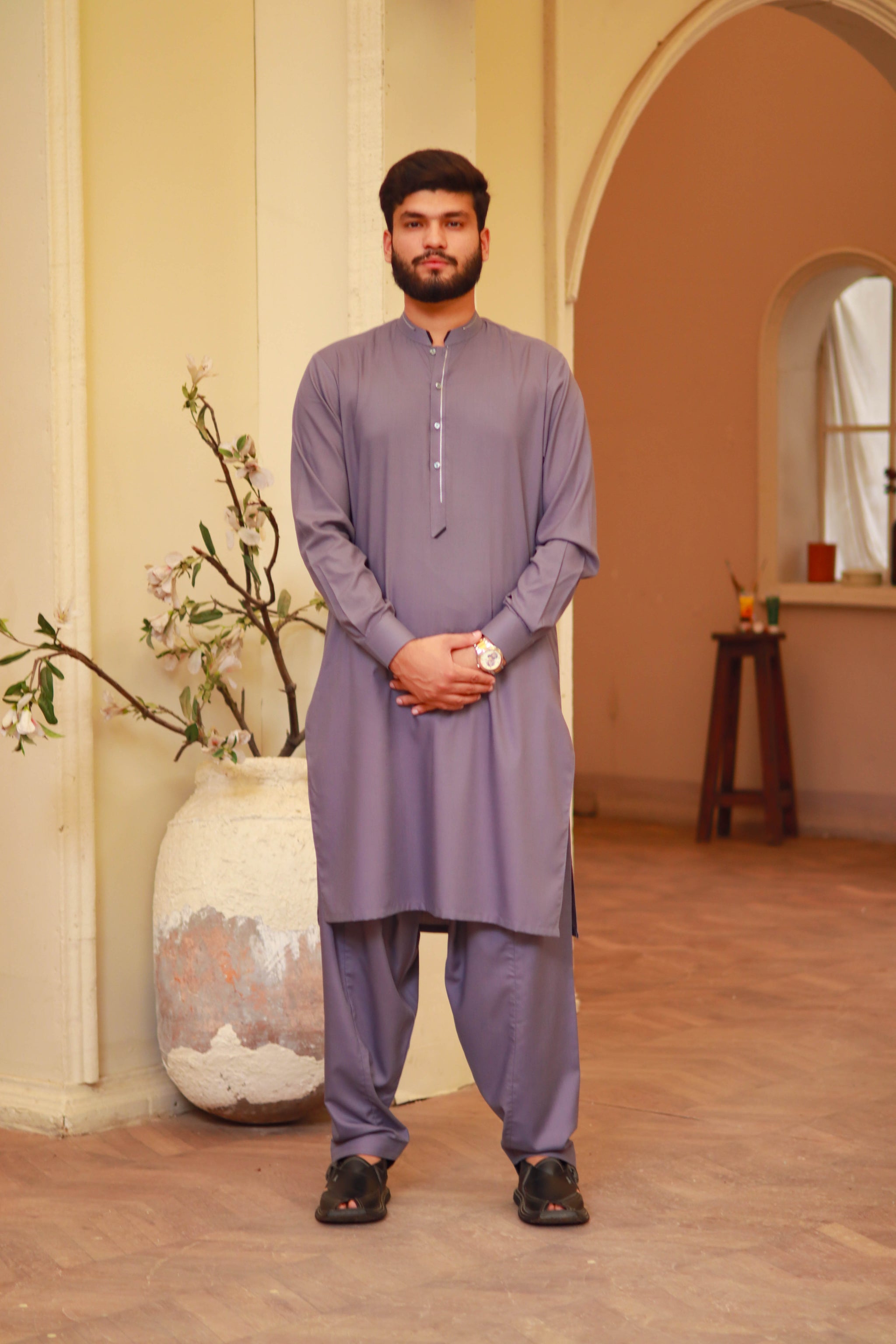 Grey Wash & Wear Semi-Formal Kameez Shalwar