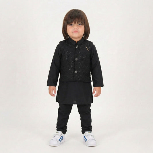 Black Kurta Pajama with Waistcoat – Kids