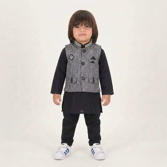 Black Kurta Pajama with Waistcoat – Kids