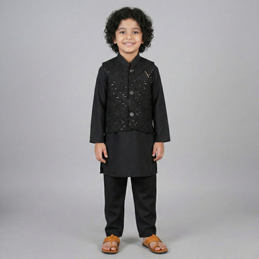 Black Kurta Pajama with Waistcoat – Kids