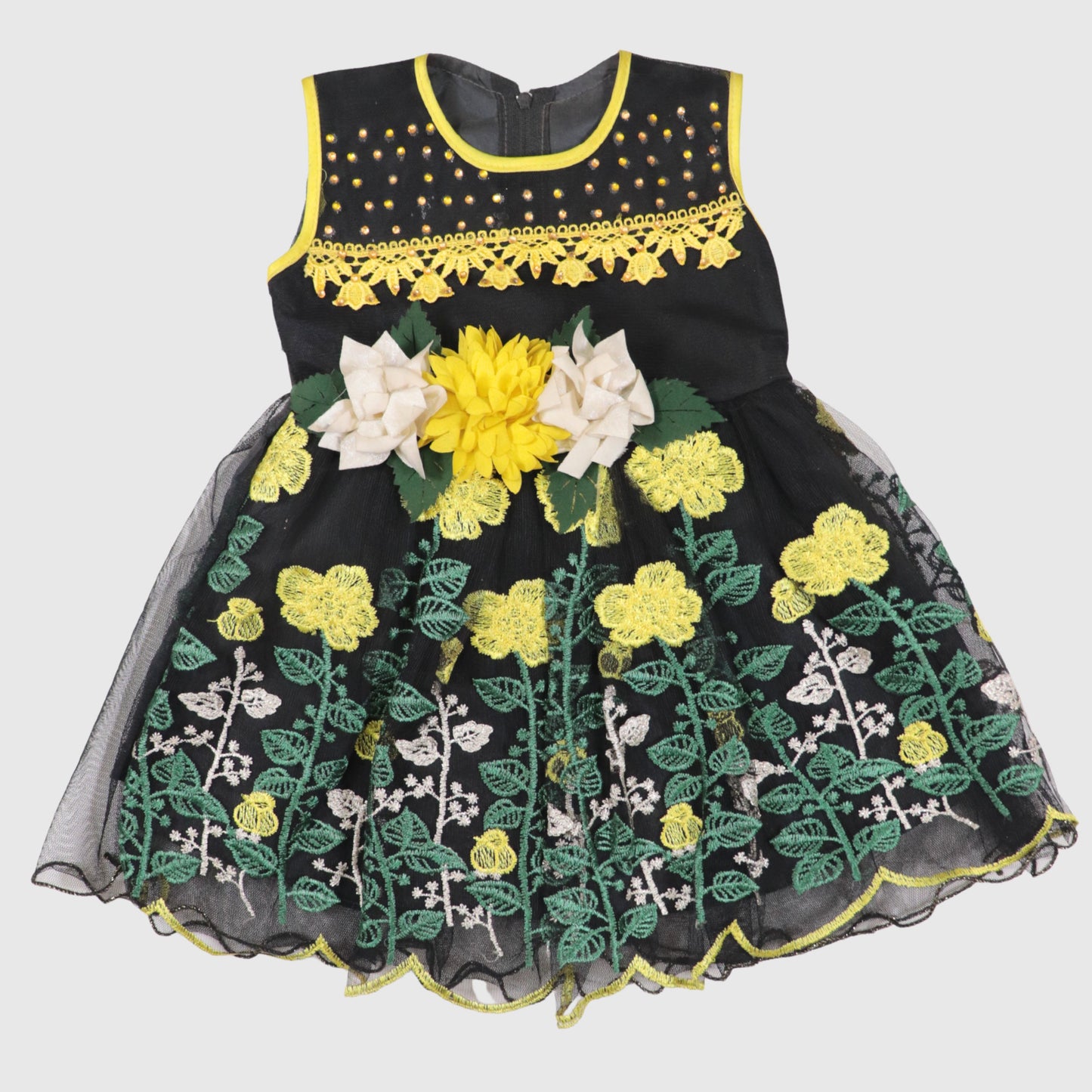 Girls' Black Floral Embroidered Dress
