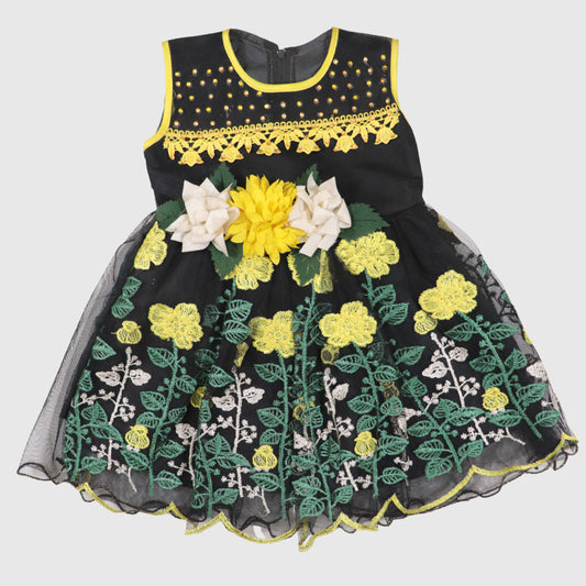 Girls' Black Floral Embroidered Dress