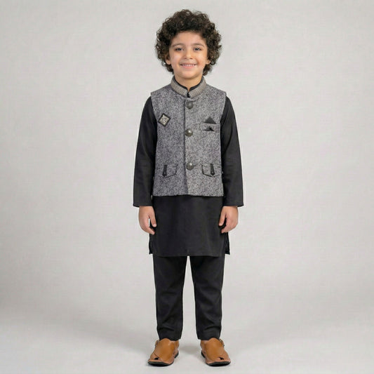 Black Kurta Pajama with Waistcoat – Kids