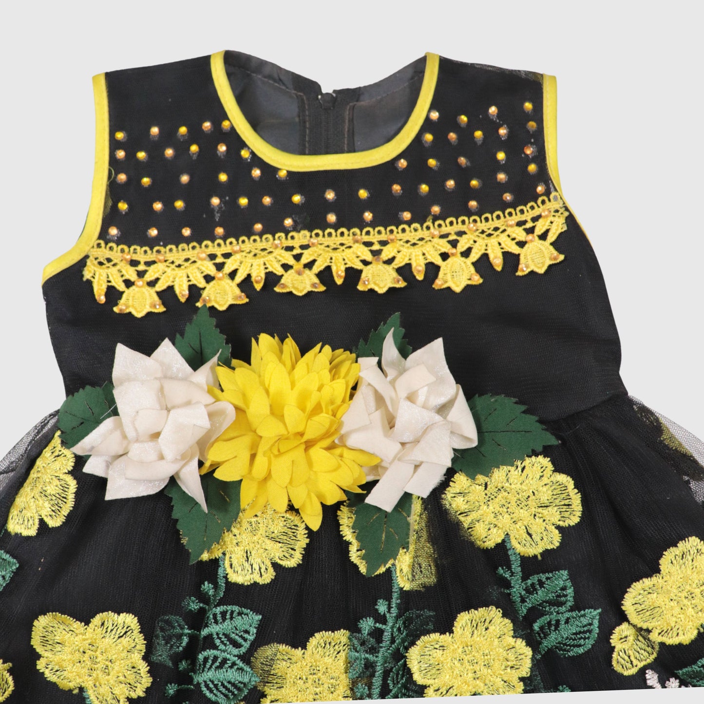 Girls' Black Floral Embroidered Dress