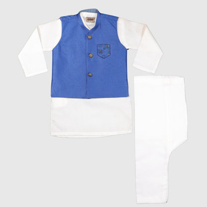White Kurta Pajama with Blue Waistcoat – Kids