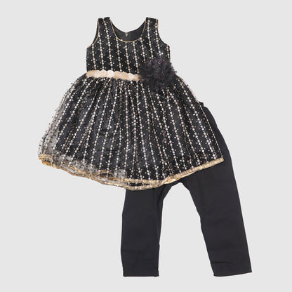 Sleeveless Sequin Dress with Glitter Waistband and Flower