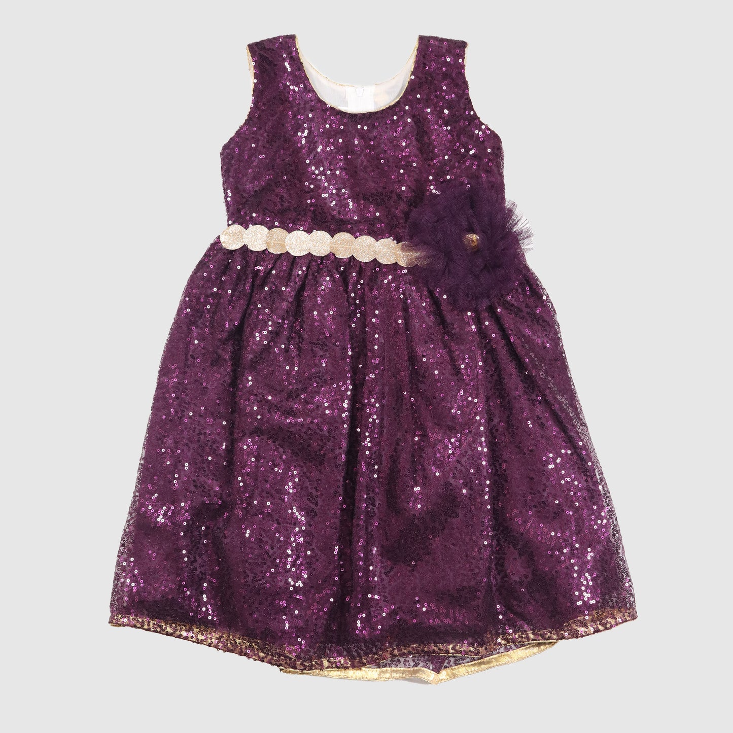 Sleeveless Sequin Dress with Glitter Waistband and Flower