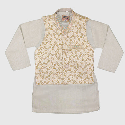 Cream Kurta Pajama with Golden Pattern Waistcoat – Kids