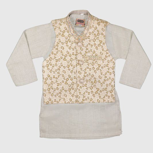 Cream Kurta Pajama with Golden Pattern Waistcoat – Kids