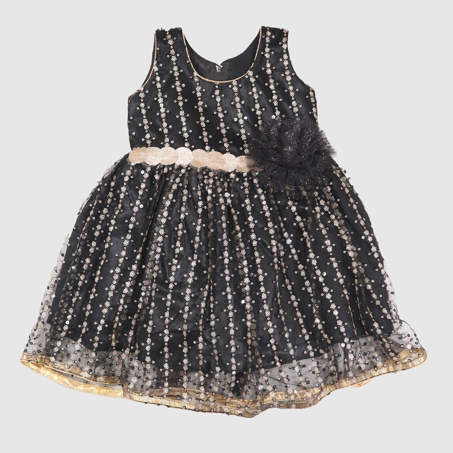 Sleeveless Sequin Dress with Glitter Waistband and Flower