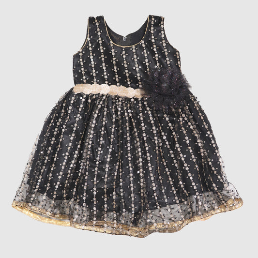 Sleeveless Sequin Dress with Glitter Waistband and Flower