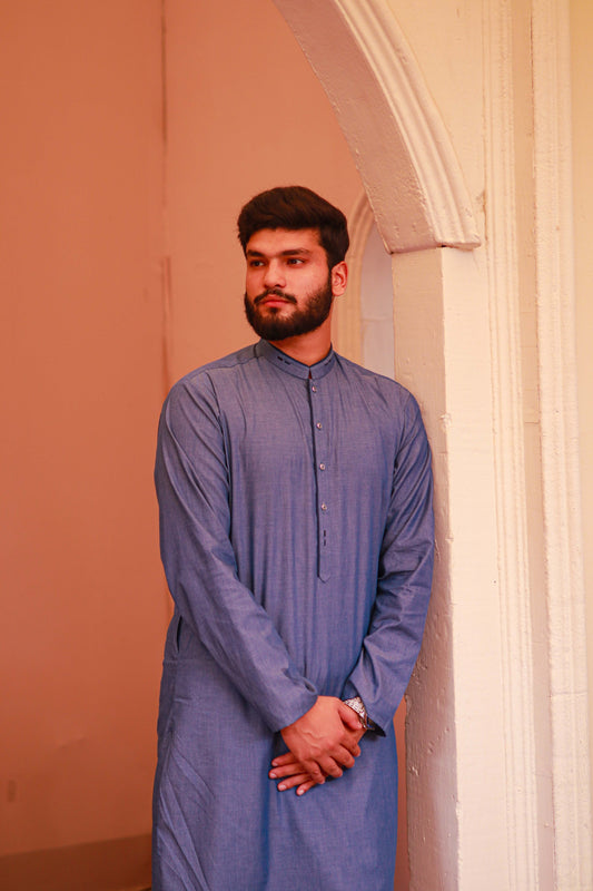 Denim Blue Shemra Cotton Casual Kurta