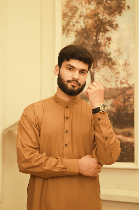 Medium Brown Wash & Wear Semi-Formal Kameez Shalwar