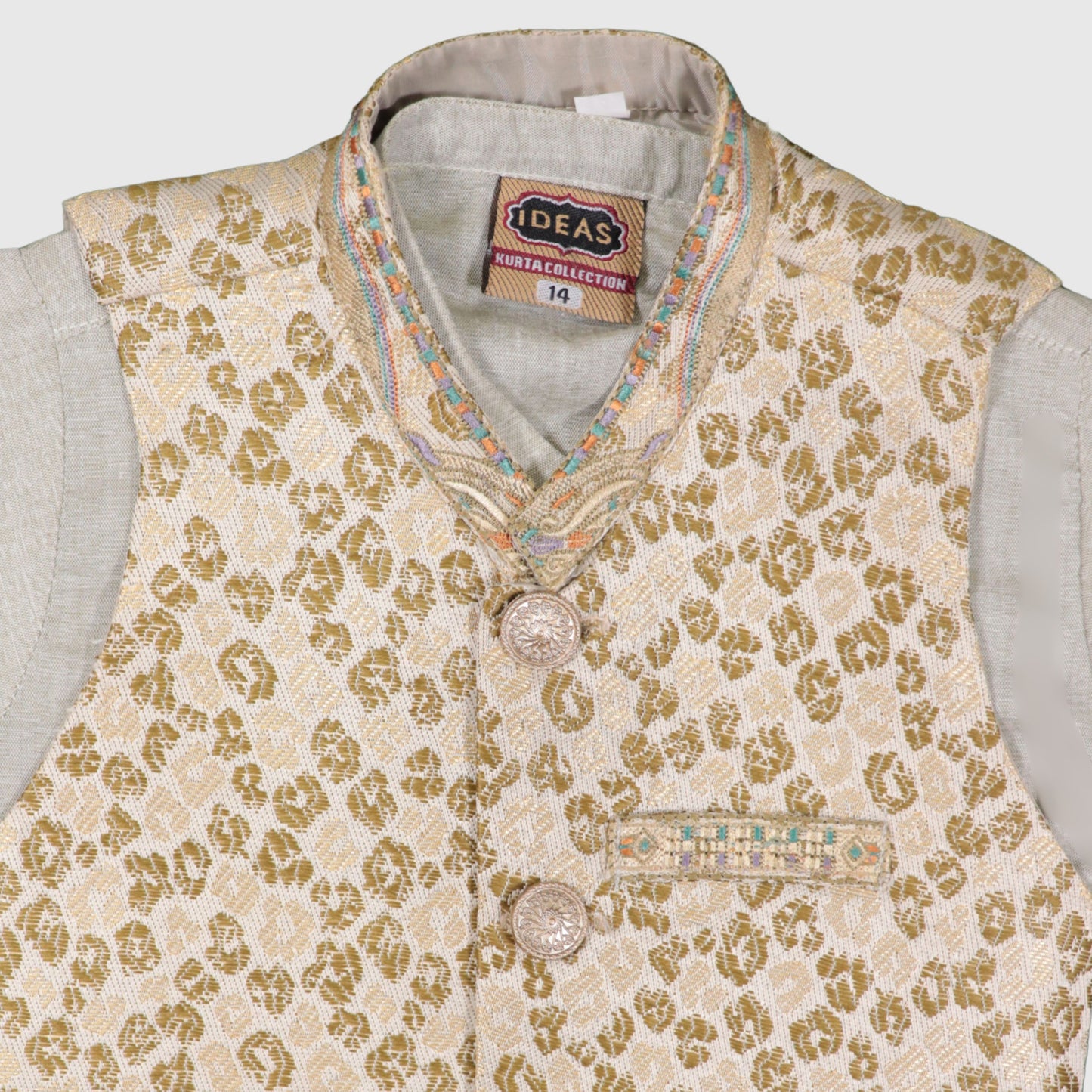 Cream Kurta Pajama with Golden Pattern Waistcoat – Kids