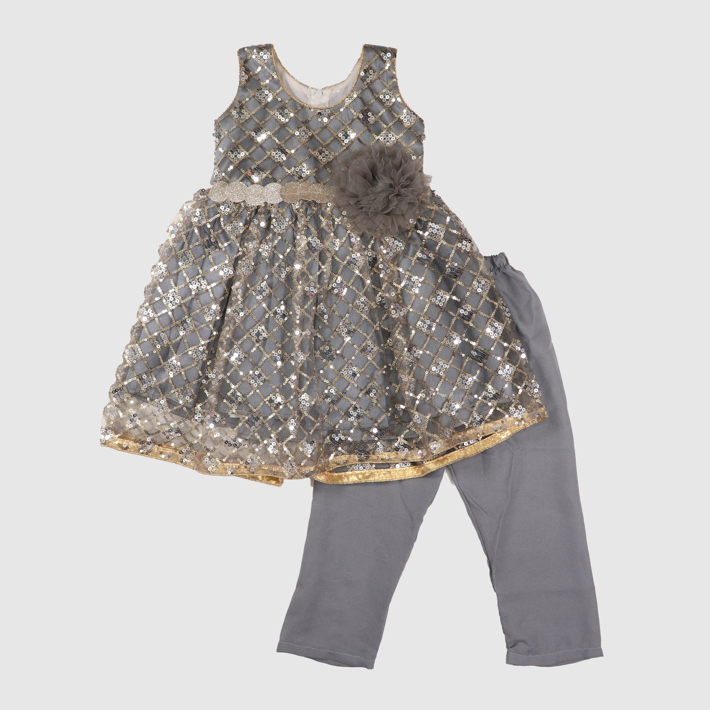 Sleeveless Sequin Dress with Glitter Waistband and Flower