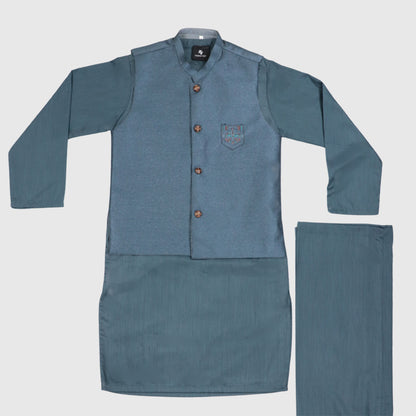 Blue Kurta Pajama with Waistcoat – Kids