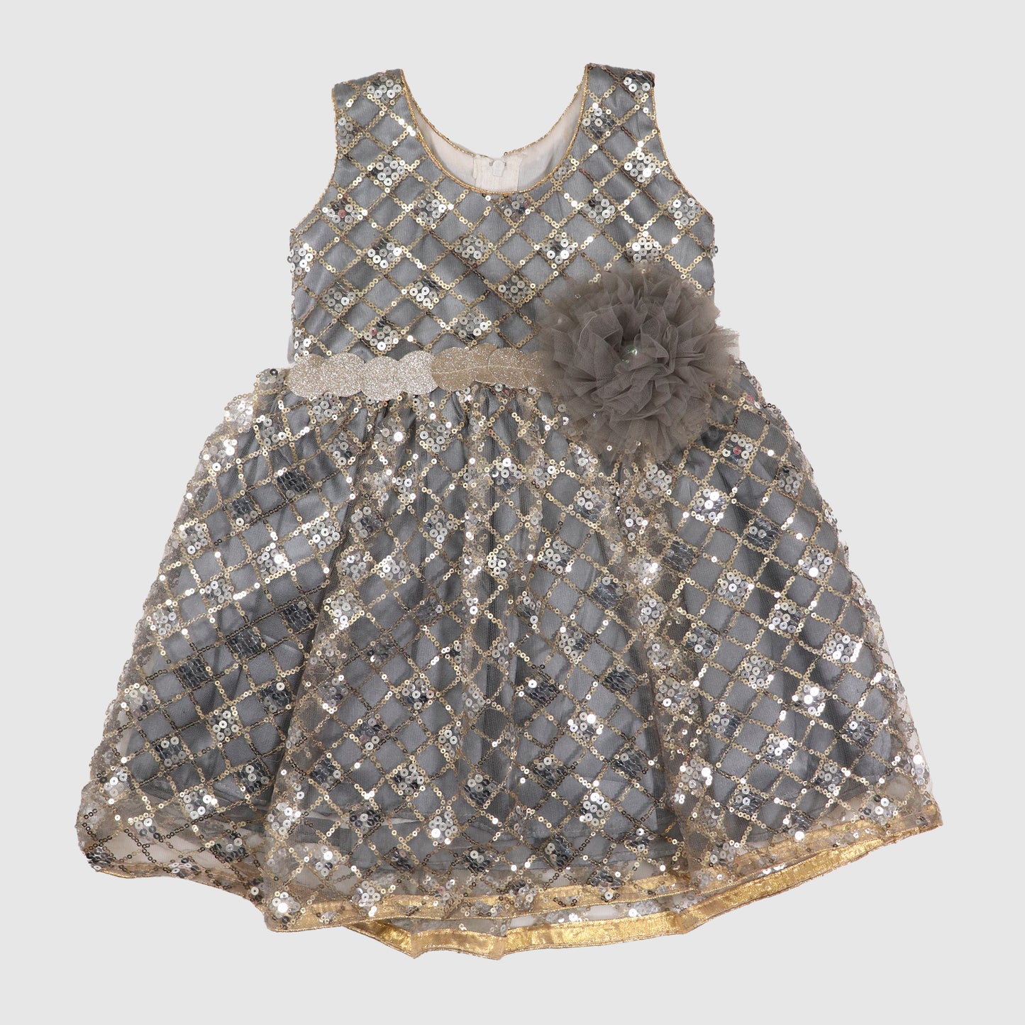 Sleeveless Sequin Dress with Glitter Waistband and Flower