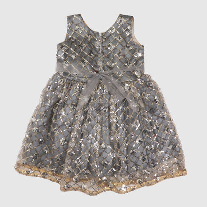 Sleeveless Sequin Dress with Glitter Waistband and Flower